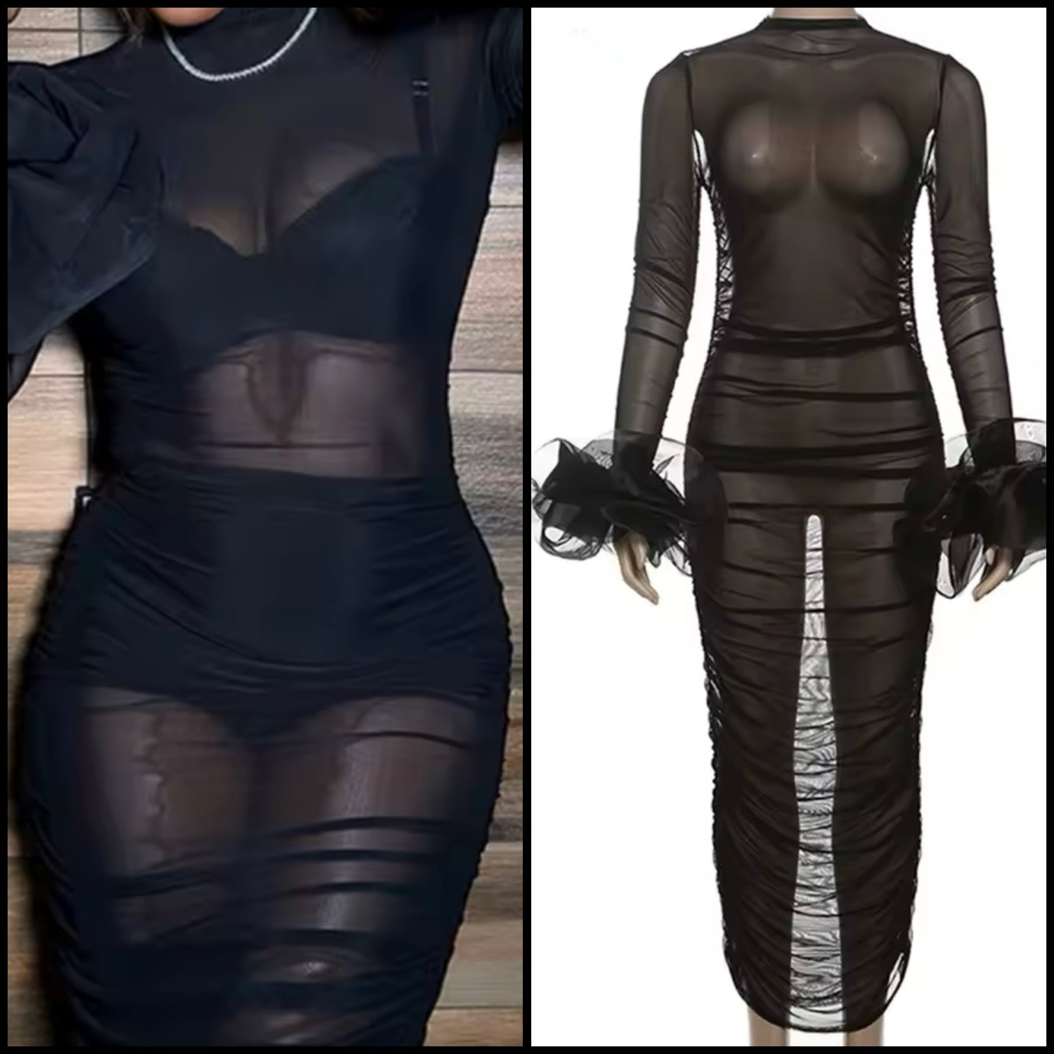 Women Sexy Black Ruffled Full Sleeve Mesh Maxi Dress