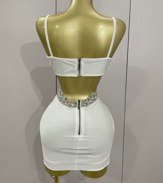 Women White Sleeveless Sexy Rhinestone Chain Cut Out Dress