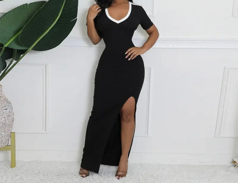 Women Sexy Striped Short Sleeve Side Split Maxi Dress