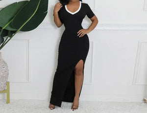 Women Sexy Striped Short Sleeve Side Split Maxi Dress