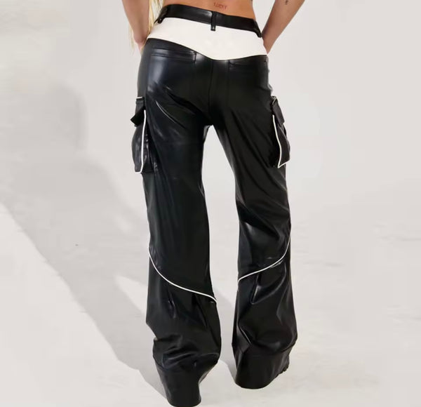 Women Fashion B&W Faux Leather Cargo Pants