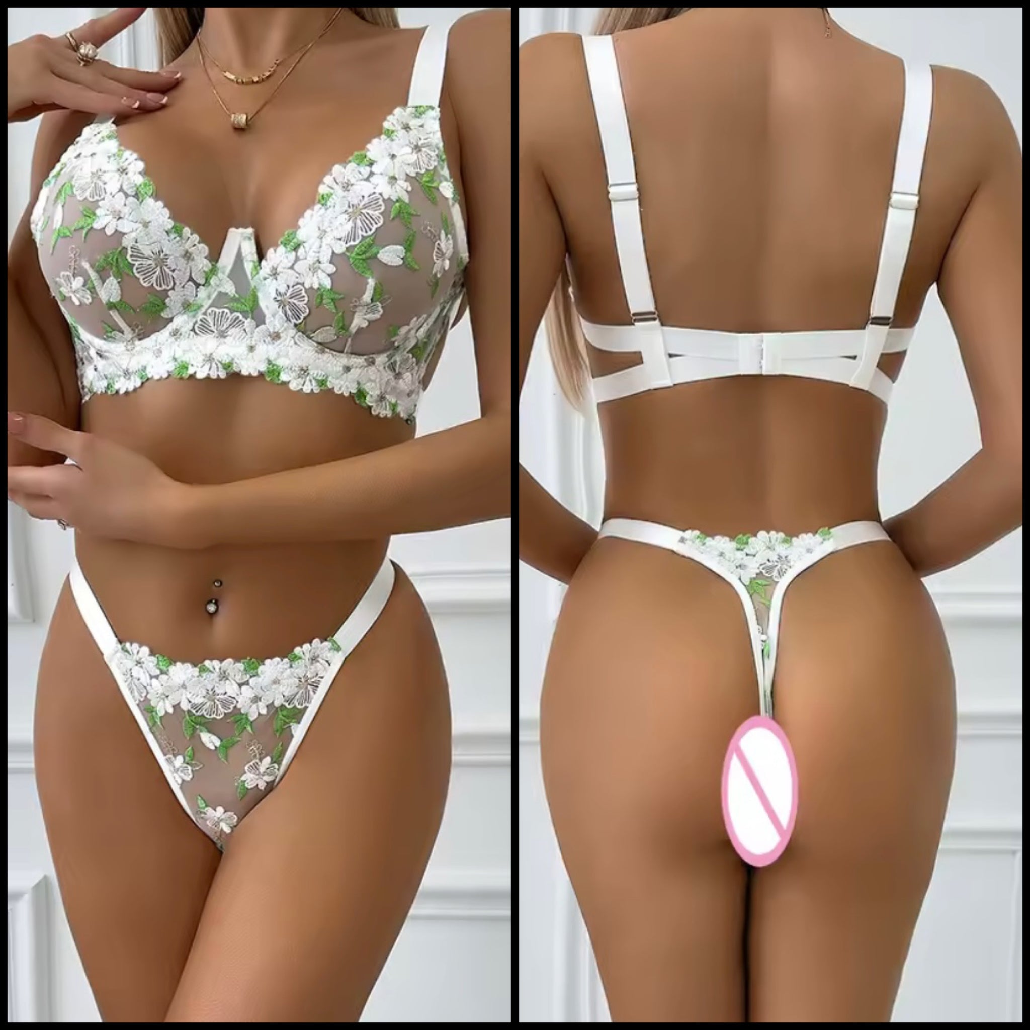 Women White Sexy Green Floral Mesh Lingerie Set