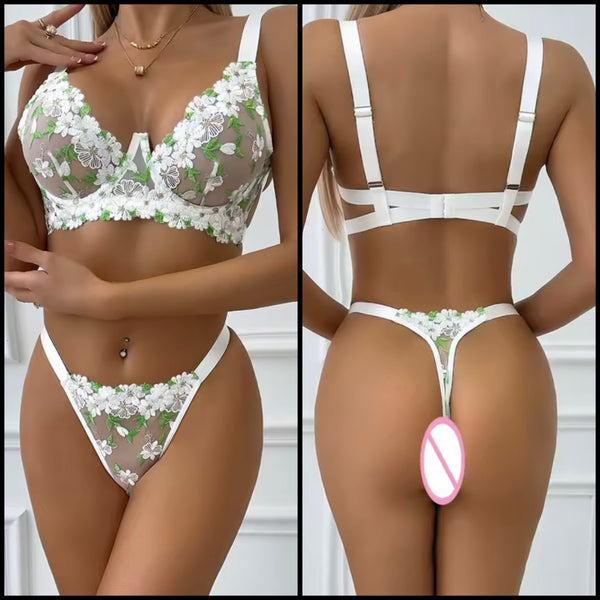 Women White Sexy Green Floral Mesh Lingerie Set