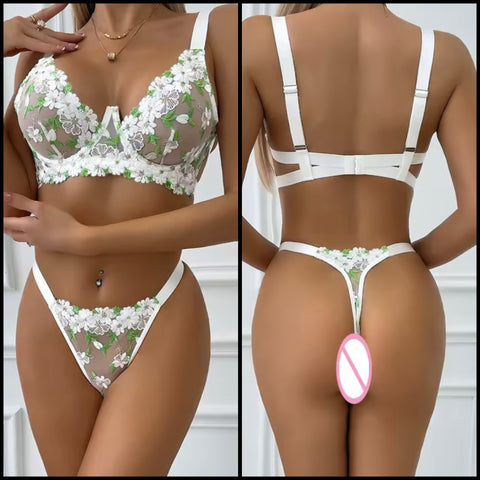 Women White Sexy Green Floral Mesh Lingerie Set