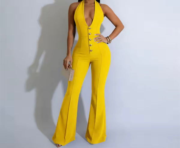 Women Sexy Fashion Button Halter Sleeveless Jumpsuit