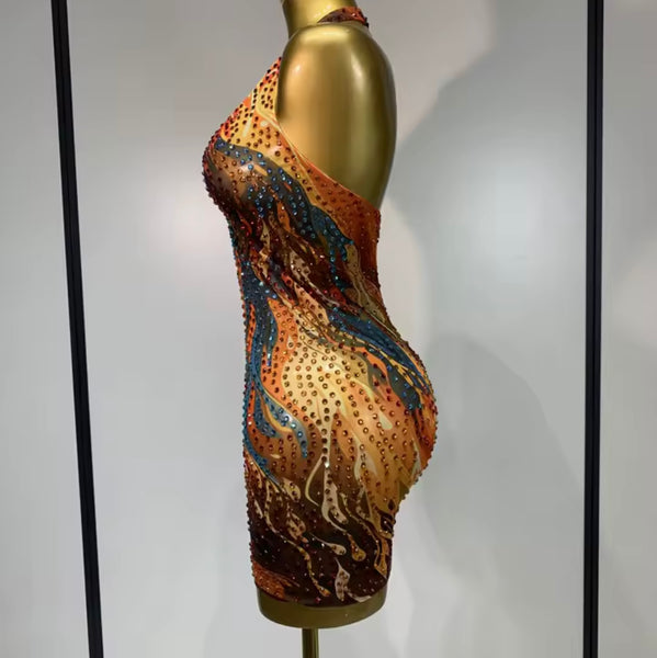 Women Multicolored Rhinestone Halter Sleeveless Mesh Dress