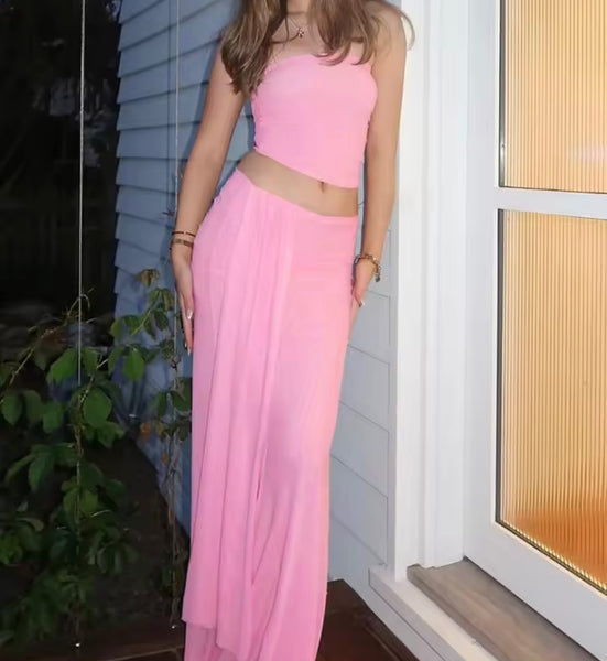 Women Off The Shoulder Solid Color Tassel Two Piece Maxi Skirt Set