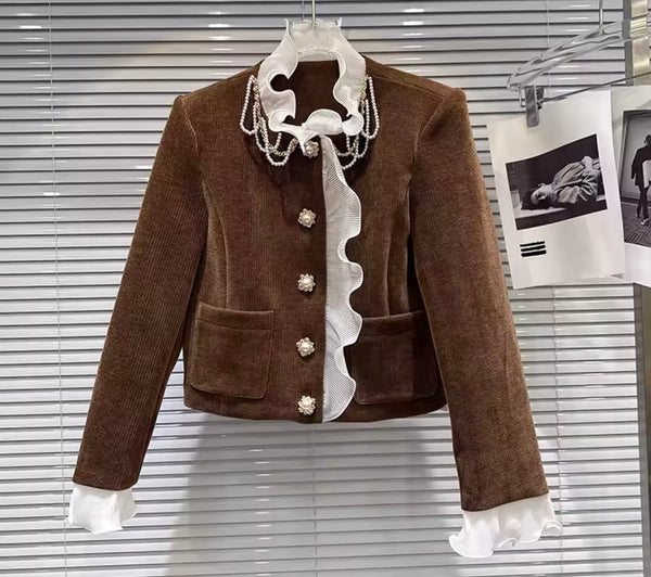 Women Lace Patchwork Brown Corduroy Blazer Two Piece Pant Set