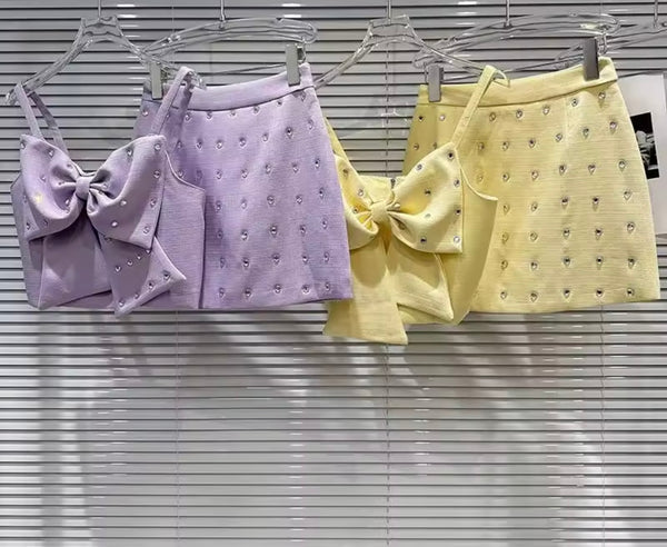 Women Sleeveless Rhinestone Bow Sexy Two Piece Skirt Set