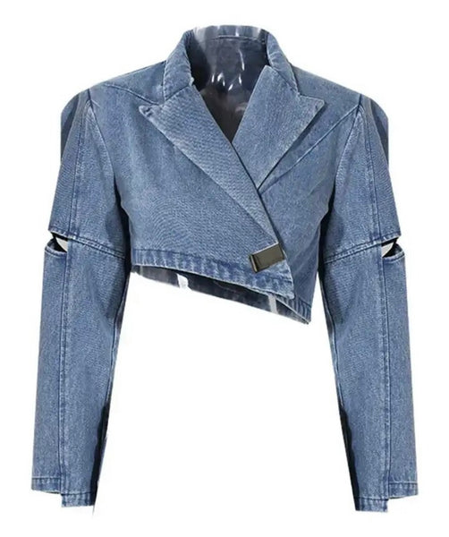 Women Denim Two Piece Fashion Crop Blazer Skirt Set