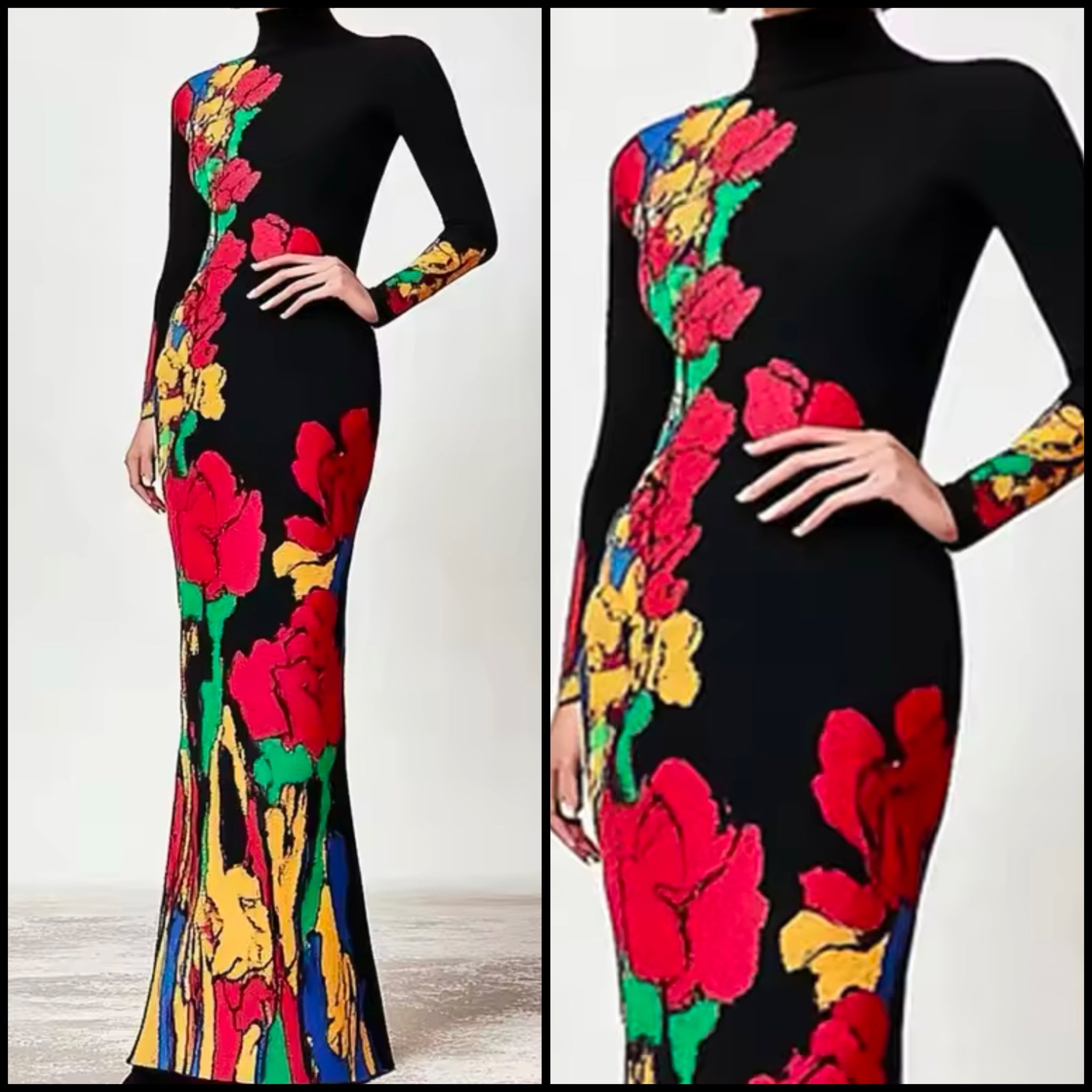 Women Black Multicolored Floral Print Turtleneck Full Sleeve Maxi Dress