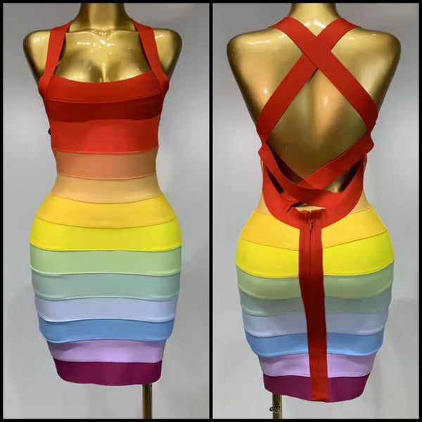 Women Sleeveless Open Back Striped Rainbow Bandage Dress