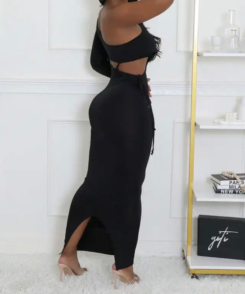 Women Sexy Solid Color One Shoulder Full Sleeve Maxi Dress