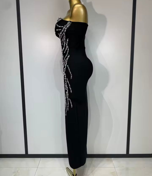 Women Sexy Black Off The Shoulder Sleeveless Pearl Bling Maxi Dress