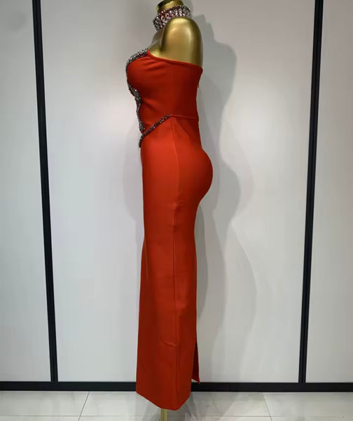 Women Sexy Choker Strapless Gray Rhinestone Maxi Dress