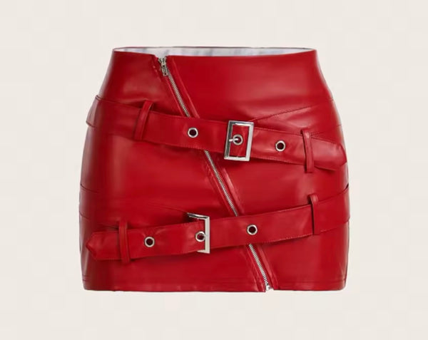 Women Sexy Fashion Faux Leather Zipper Buckled Skirt