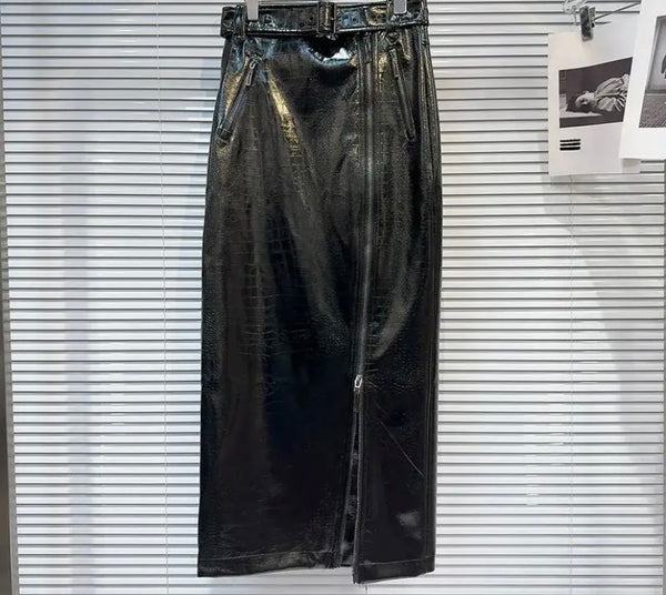 Women Black Front Zipper Belted Faux Leather Maxi Skirt