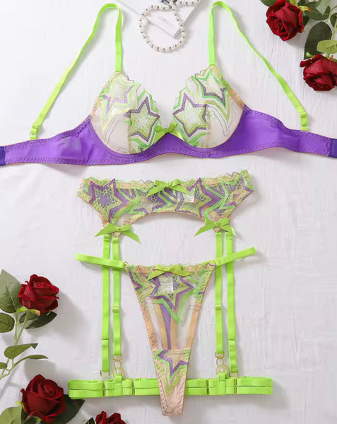 Women Sexy Color Patchwork Star Mesh Lingerie Set