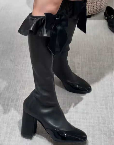 Women Fashion Ruffled Bow Faux Leather Knee High Boots