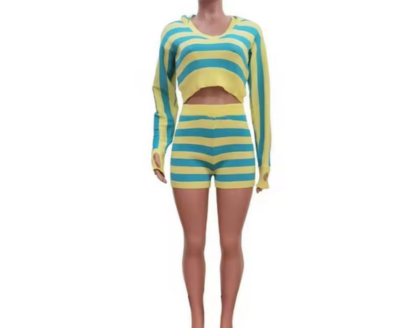 Women Fashion Full Sleeve Hooded Striped Two Piece Short Set