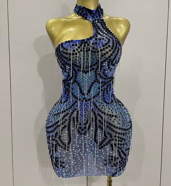 Women Sexy Halter Sleeveless Blue Bling Tassel Mesh Dress