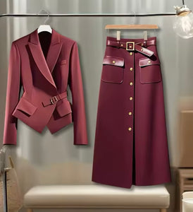 Women Fashion Buckled Blazer Two Piece Button Up Maxi Skirt Set