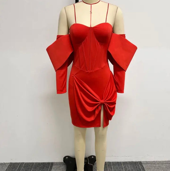 Women Sexy Red Off The Shoulder Full Sleeve Bow Dress