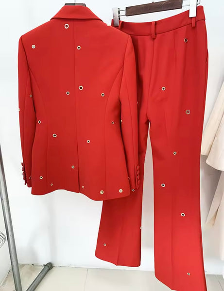 Women Rivet Full Sleeve Fashion Blazer Two Piece Pant Set