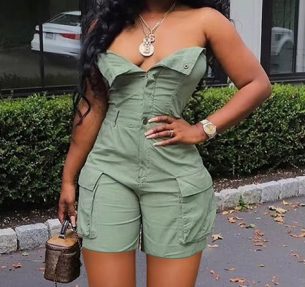 Women Strapless Button Up Fashion Cargo Romper