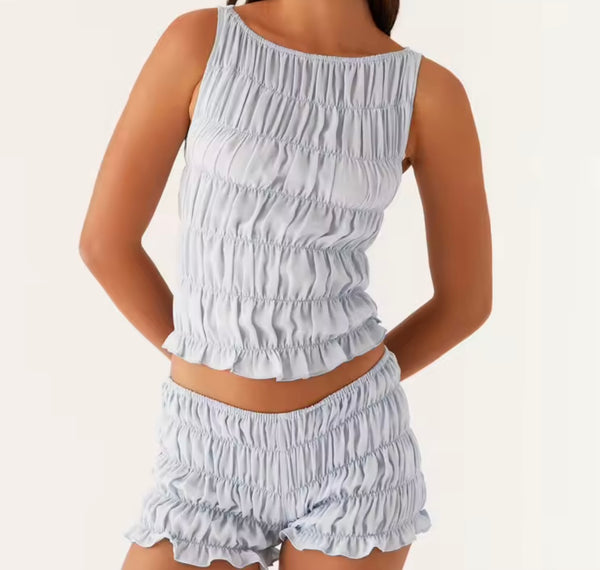 Women Sleeveless Solid Color Ruffled Crop Two Piece Short Set