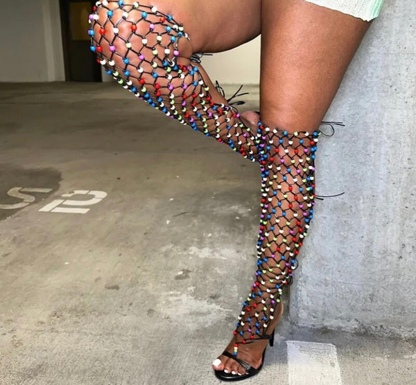 Women Fashion Multicolored Netted Lace Up High Heel Sandals