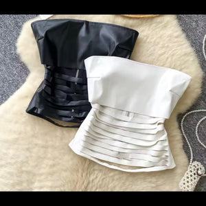 Women Strapless PU Ripped Fashion Crop Top
