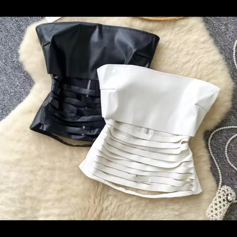 Women Strapless PU Ripped Fashion Crop Top