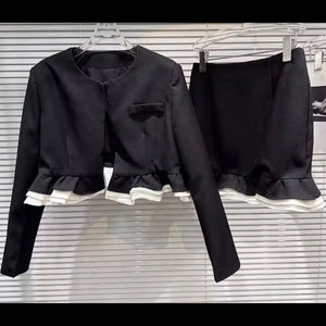 Women B&W Ruffled Full Sleeve Blazer Two Piece Sexy Skirt Set