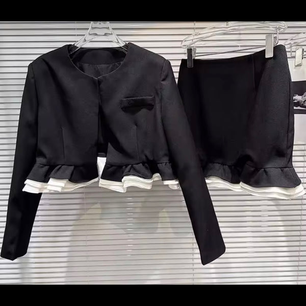 Women B&W Ruffled Full Sleeve Blazer Two Piece Sexy Skirt Set