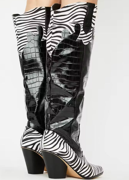 Women Fashion B&W Animal Print Knee High Western Boots