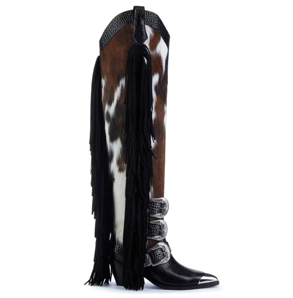 Women Fashion Fringe Buckled Knee High Western Boots
