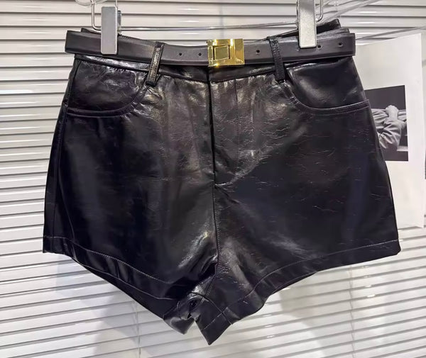 Women Fashion Buckled Sweater Two Piece Faux Leather Short Set