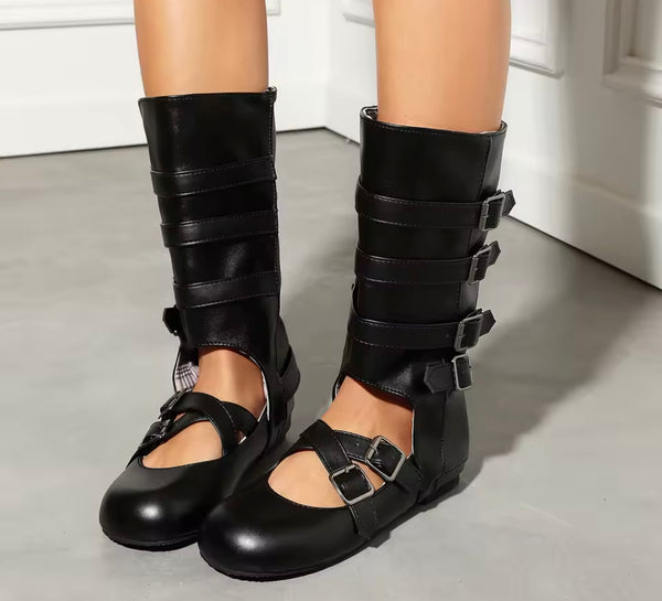 Women Fashion Mary Jane Buckled Mid-Calf Flat Boots