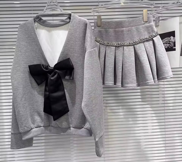 Women Rhinestone Bow Open Back Sweater Two Piece Skirt Set
