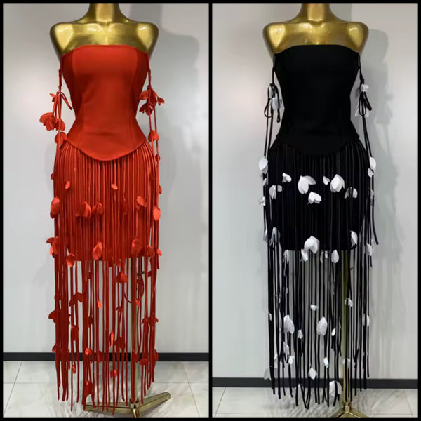 Women Sexy Strapless Floral Fringe Tassel Dress