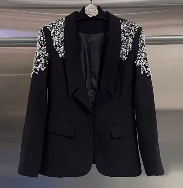 Women Black Rhinestone Full Sleeve Blazer Two Piece Pant Set