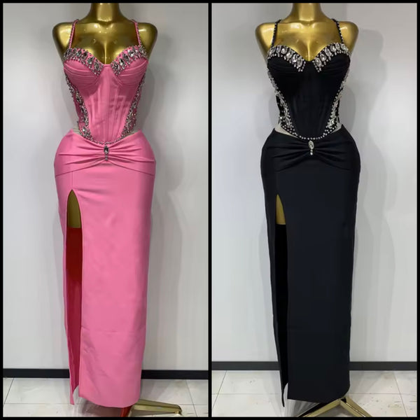 Women Sexy Sleeveless Mesh Rhinestone Patchwork Maxi Dress