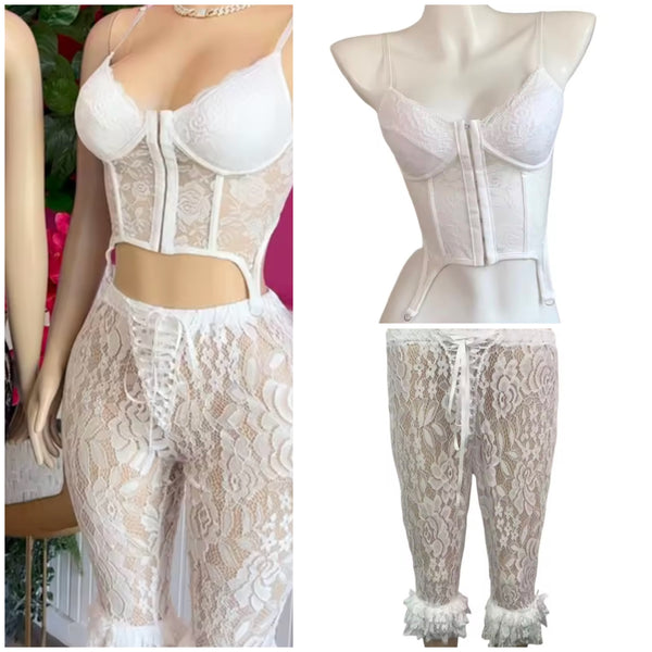 Women Sexy Sleeveless Lace Two Piece Capri Pant Set