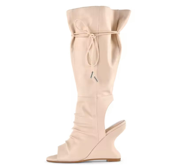 Women Fashion Open Toe Ruched Wedge Knee High Boots