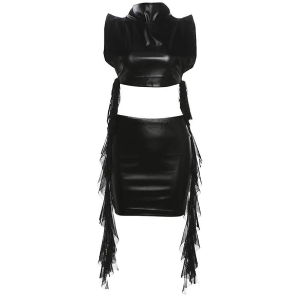 Women Sexy Sleeveless Black Tassel Two Piece PU Skirt Set