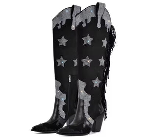 Women Fashion Bling Star Fringe Tassel Over The Knee Western Boots