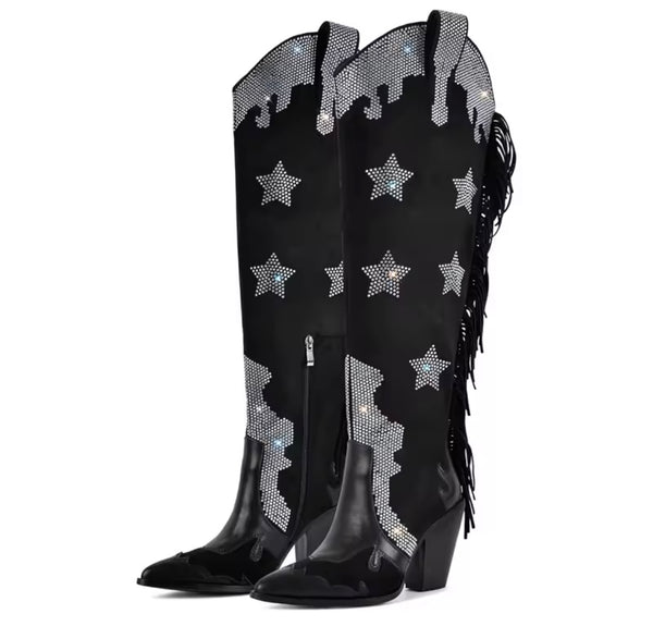 Women Fashion Bling Star Fringe Tassel Over The Knee Western Boots