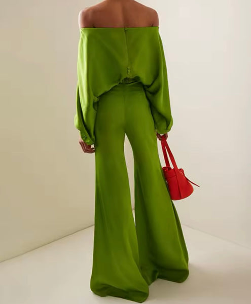 Women Fashion Green Off The Shoulder Two Piece Pant Set