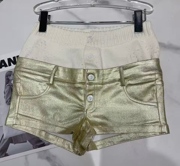 Women Fashion Gold Metallic Knitted Patchwork PU Button Up Shorts